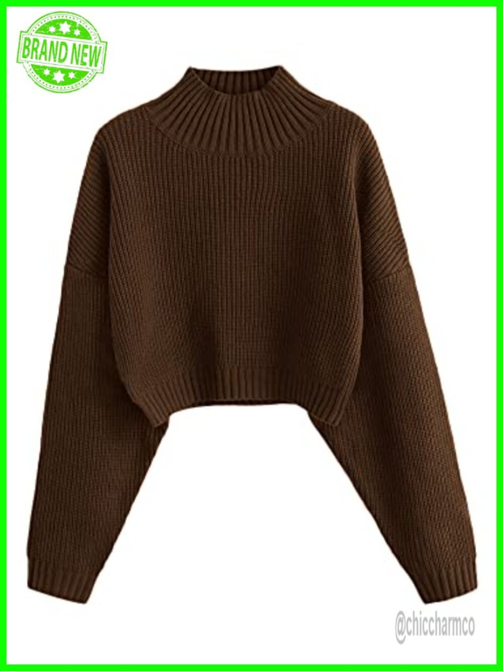 Cropped Turtleneck Sweater Lantern Sleeve Ribbed Knit Pullover